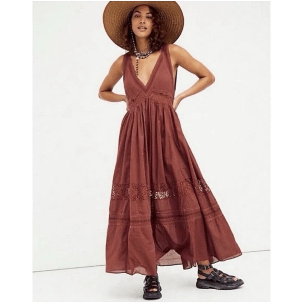 Free People Carla Lace Dress Size L Boho Hippie Rust Red Fall Dress